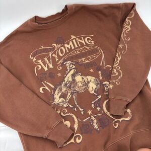 Goodie Two Sleeves Women Sweatshirt S Brown Wyoming Cowboy Graphic Pullover